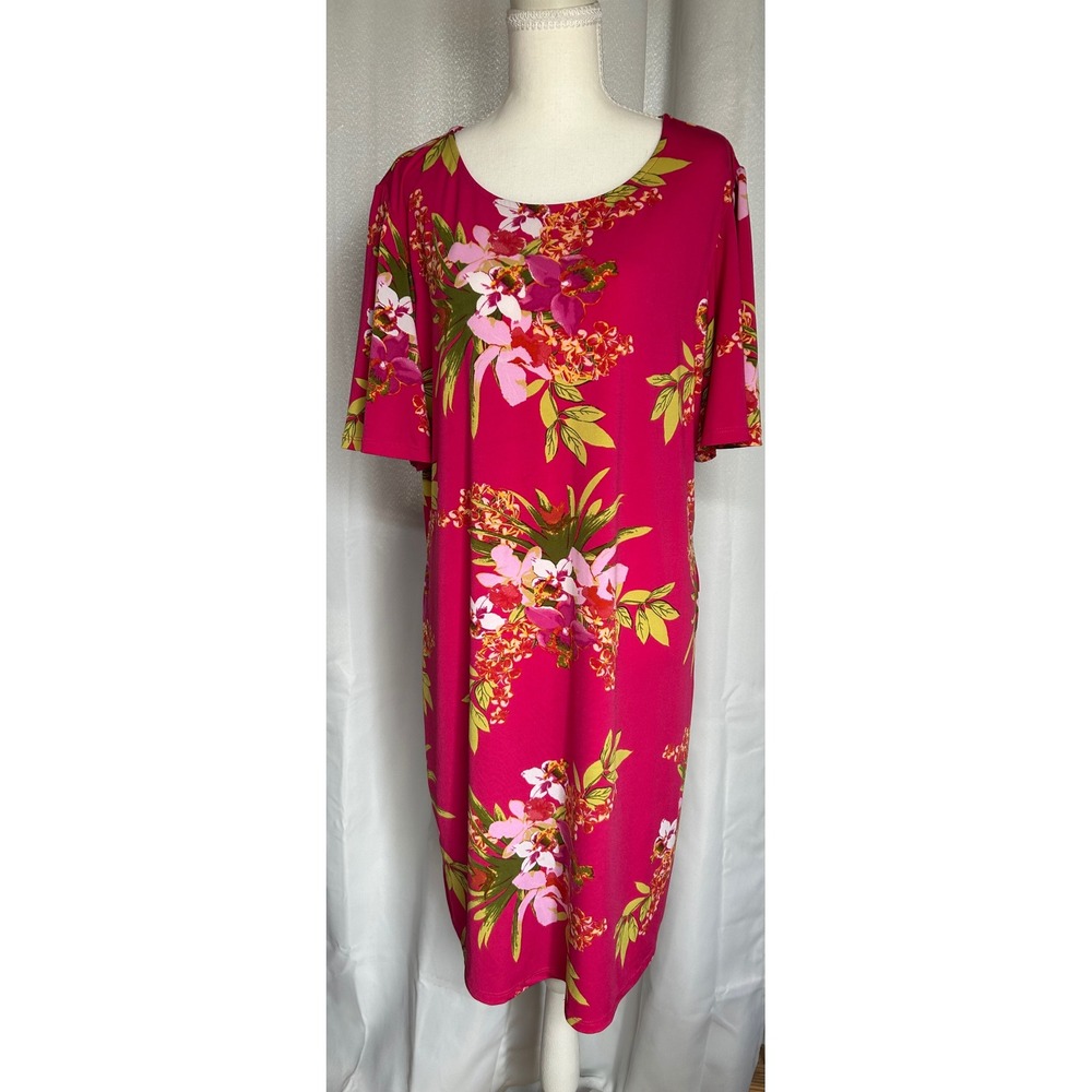 Alexandria + Oak Magenta Tropical Floral Dress • Short Sleeve • Round Neck •